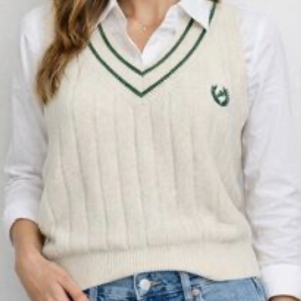 Pink Victoria secret Ivory Knit V-Neck Tennis Sweater Vest with Green Trim - Picture 4 of 8